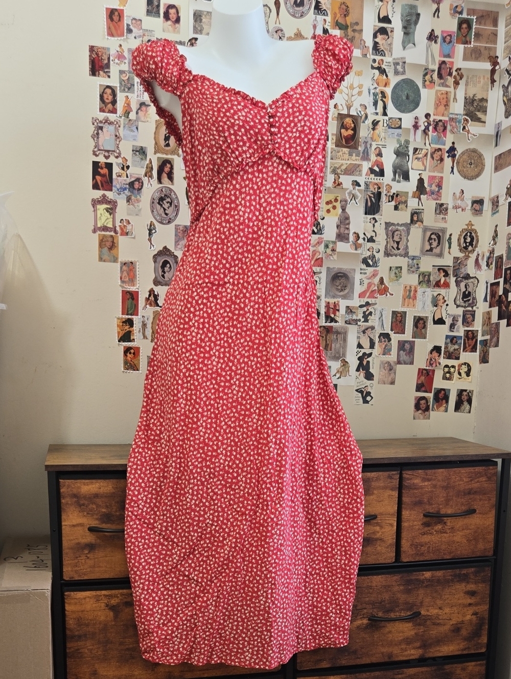 Gap 100% Viscose Floral Smocked Maxi Dress Red White Size L